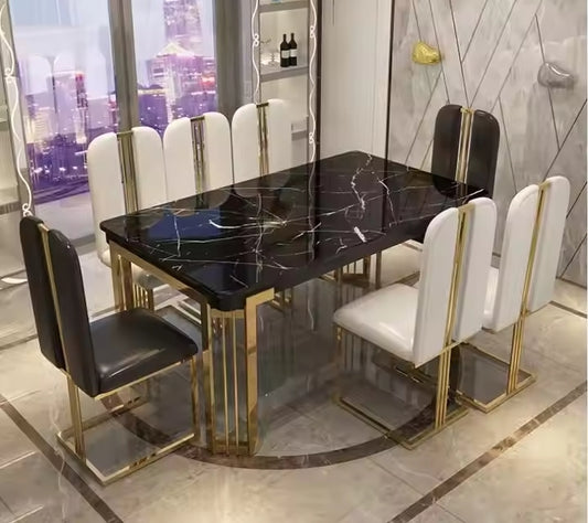 Marble Top Dining 6 Seater Dining Table Golden Stainless Steel