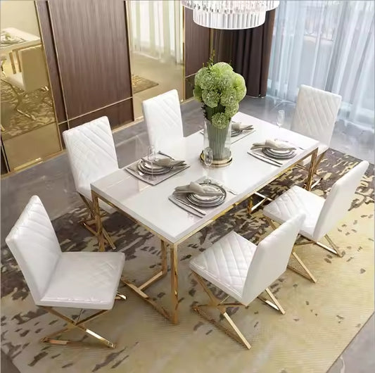 Stainless Steel Base Tempered Glass Marble Dining Table 6 chairs
