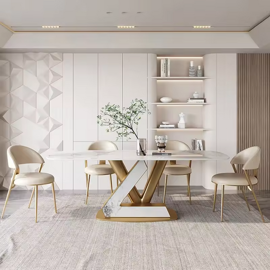 Marble Top Dining 8 Seater Dining Table Golden Stainless Steel