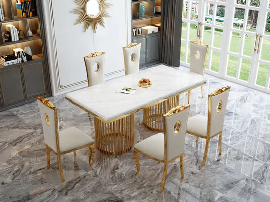 Marble Top Dining 8 Seater Dining Table Golden Stainless Steel