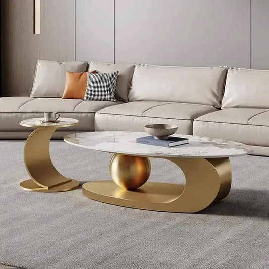 Foshan Calla Luxurious Oval Centre Table with Side Table - Golden & White Marble Top