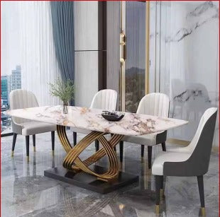 Marble Top Dining 6 Seater Dining Table Golden Stainless Steel